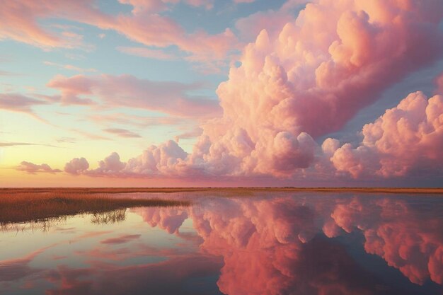 un coucher de soleil avec des nuages et le reflet du ciel