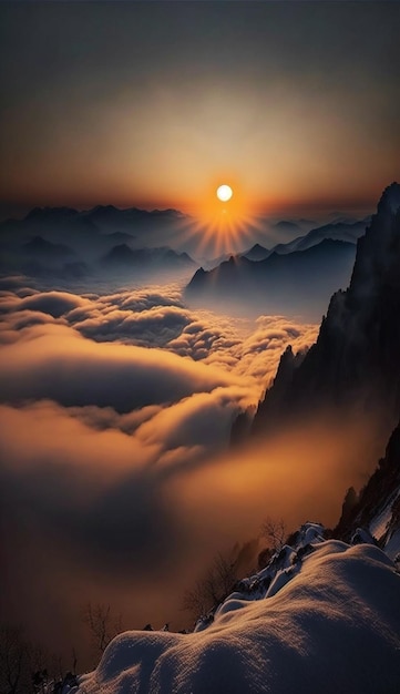 Un coucher de soleil sur les nuages avec le soleil couchant sur les montagnes.