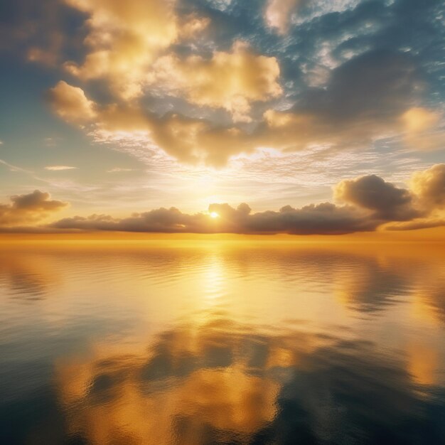 Un coucher de soleil avec des nuages et le soleil se reflétant sur l'eau