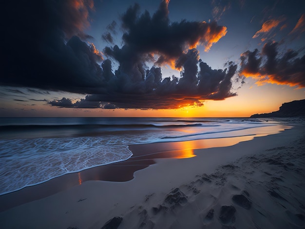 Un coucher de soleil nuageux sur la plage déserte