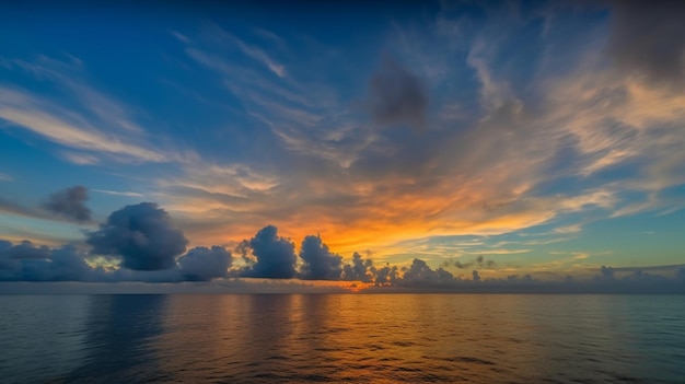 Un coucher de soleil sur l'océan avec un ciel bleu et des nuages
