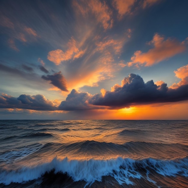 Un coucher de soleil sur l'océan avec un ciel nuageux et le soleil qui brille à travers les nuages.