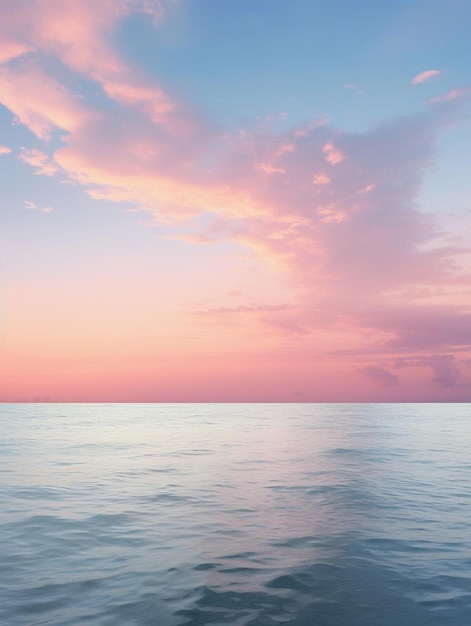 un coucher de soleil sur l'océan avec un ciel rose et l'océan en arrière-plan.