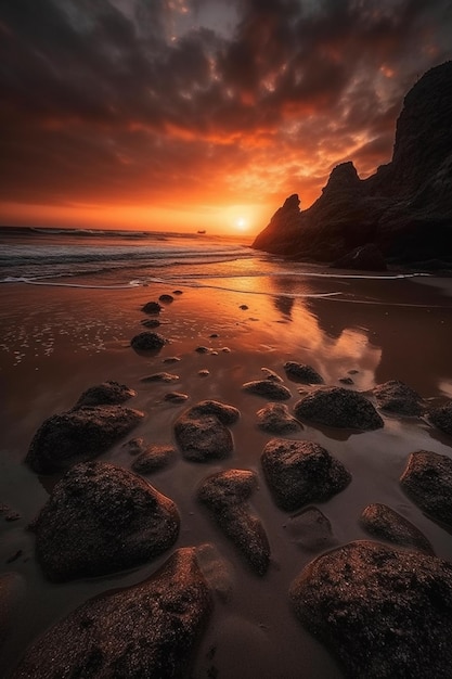 Un coucher de soleil sur l'océan avec un ciel rouge et le soleil se couchant derrière.