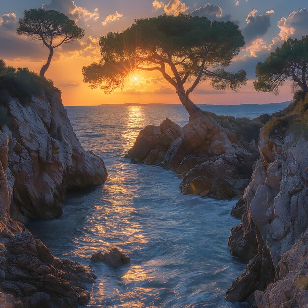 un coucher de soleil sur l'océan avec deux arbres à droite