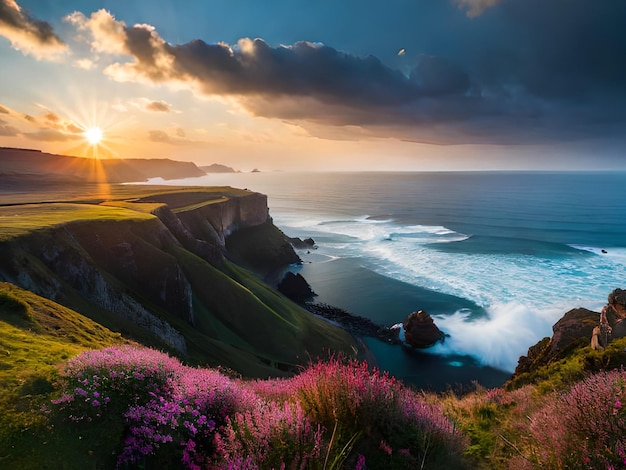 Un coucher de soleil sur l'océan avec une fleur rose au premier plan