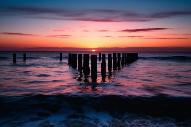 Un coucher de soleil sur l'océan avec une jetée en bois au premier plan.