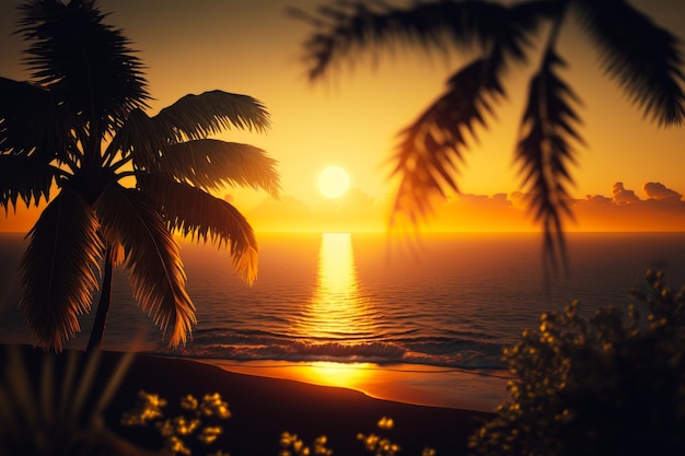 Coucher de soleil sur l'océan avec palmier au premier plan et étendue d'eau en arrière-plan AI générative