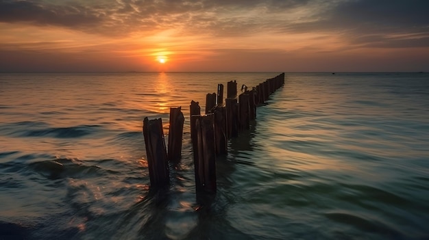 Un coucher de soleil sur l'océan avec un poteau en bois dans l'eau