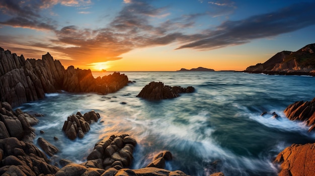 Un coucher de soleil sur l'océan avec des rochers au premier plan