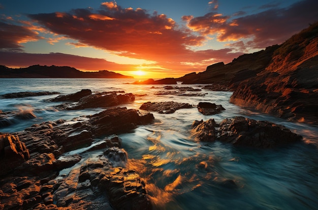 coucher de soleil sur l'océan avec des rochers et de l'eau au premier plan