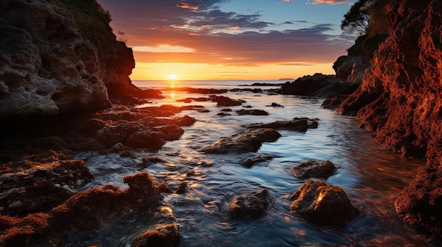 un coucher de soleil sur l'océan avec des rochers et de l'eau.