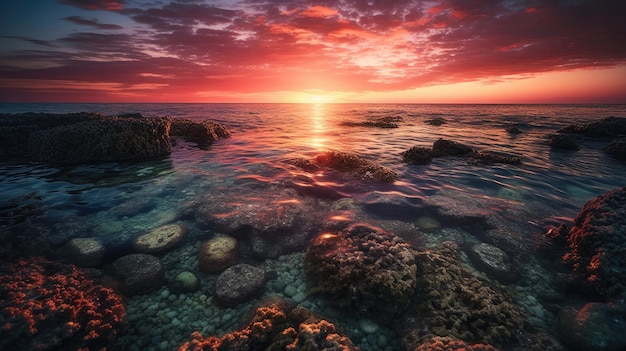 Un coucher de soleil sur l'océan avec des rochers et l'océan