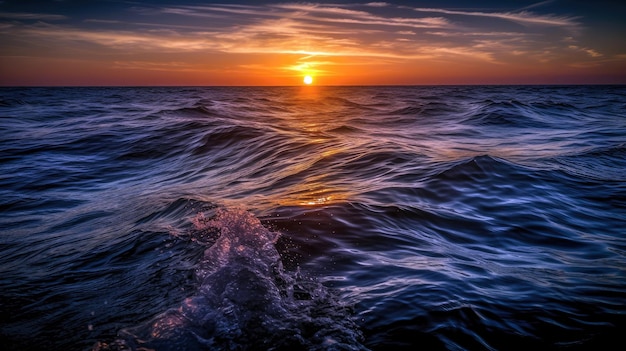 Un coucher de soleil sur l'océan avec le soleil couchant derrière