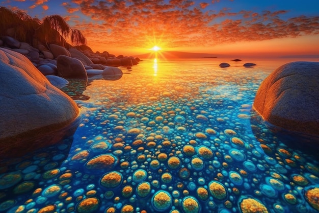 Un coucher de soleil sur l'océan avec le soleil se couchant derrière les rochers