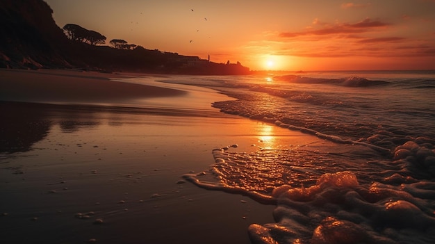 Un coucher de soleil sur l'océan avec le soleil se couchant sur l'océan.