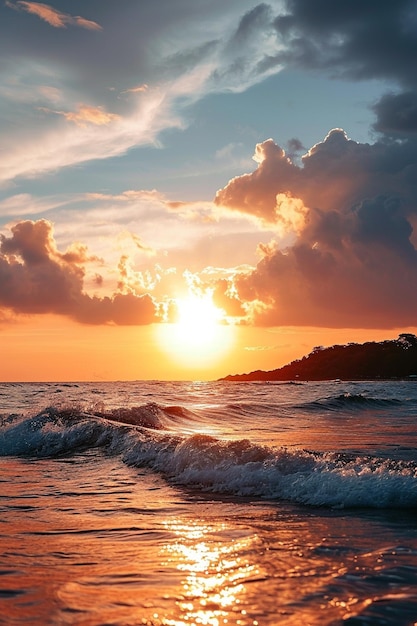 un coucher de soleil sur l'océan avec une vague qui s'écrase sur le rivage