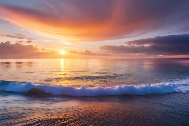 Un coucher de soleil sur l'océan avec une vague se brisant au premier plan.