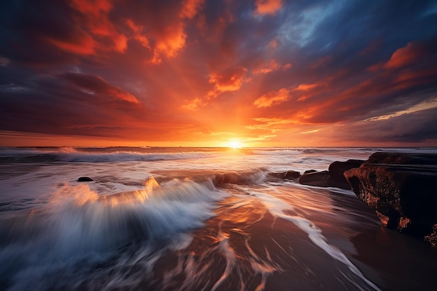 Un coucher de soleil sur l'océan avec une vague se brisant sur les rochers.