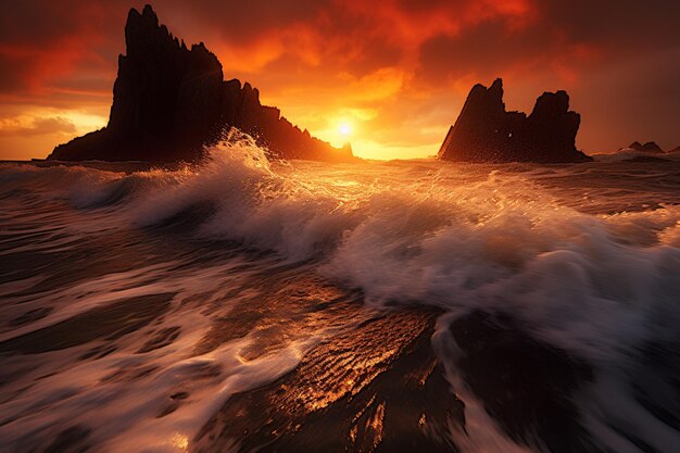 coucher de soleil sur l'océan avec des vagues s'écrasant contre les rochers ai génératif