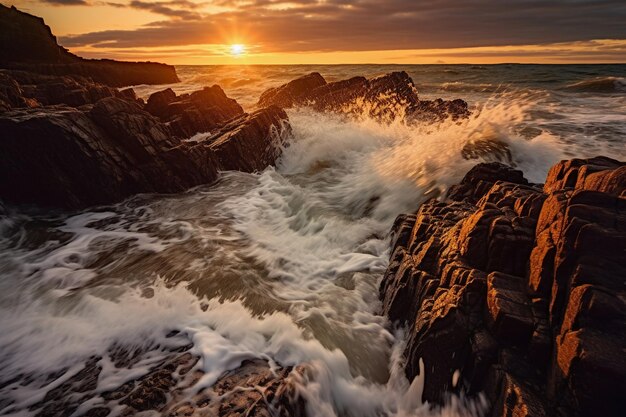 Un coucher de soleil sur l'océan avec des vagues se brisant sur les rochers