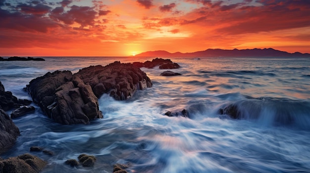Un coucher de soleil sur l'océan avec des vagues se brisant sur les rochers