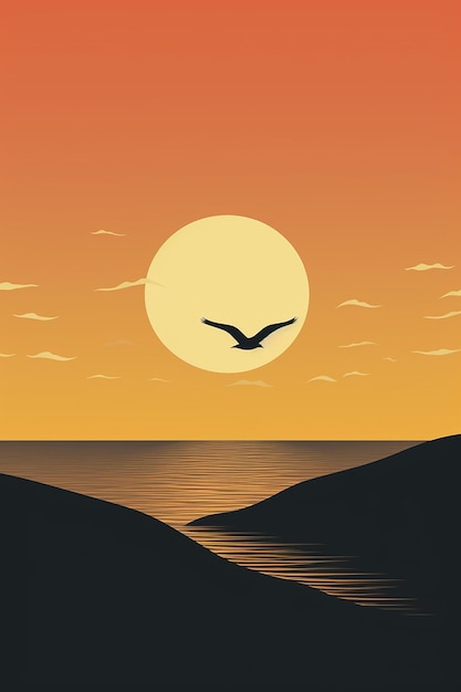 un coucher de soleil avec un oiseau survolant l'océan.