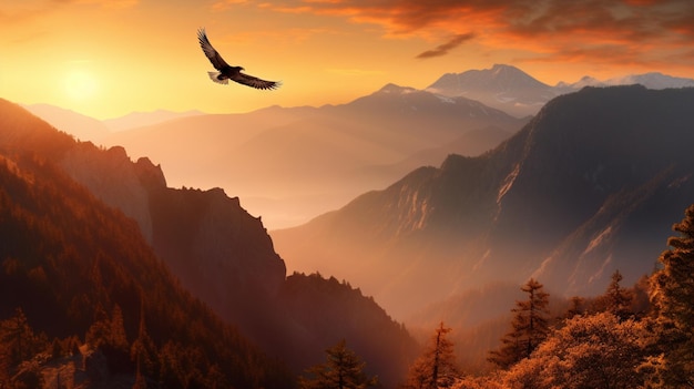 Photo un coucher de soleil avec un oiseau volant au-dessus des montagnes