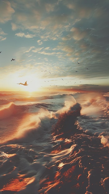 un coucher de soleil avec des oiseaux survolant l'océan