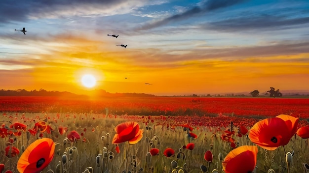 un coucher de soleil avec des oiseaux volant sur un champ de fleurs