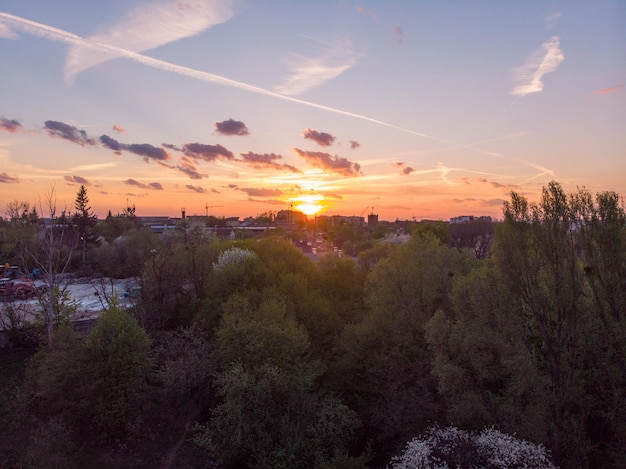 Coucher de soleil orange au-dessus des cimes des arbres de la vue aérienne de la ville