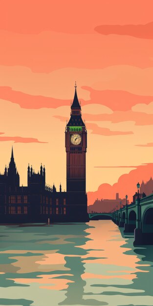 Photo le coucher de soleil orange à l'horloge big ben et l'illustration d'art pop du pont