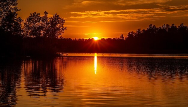 Photo le coucher de soleil orange vibrant se reflète sur la beauté de la nature de l'eau tranquille présentée générée par l'intelligence artificielle