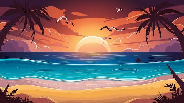 un coucher de soleil avec des palmiers et un bateau dans l'eau