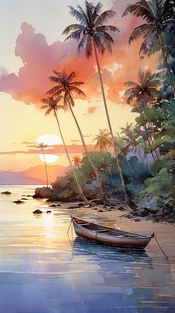 un coucher de soleil avec des palmiers et un bateau sur la plage.