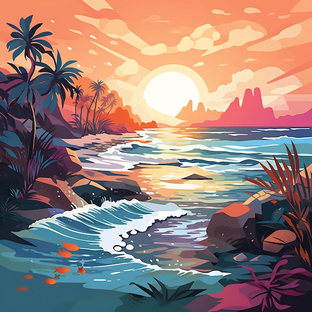 un coucher de soleil avec des palmiers et un couché de soleil en arrière-plan