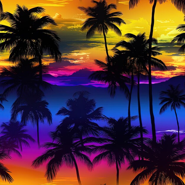 un coucher de soleil avec des palmiers et un couché de soleil coloré
