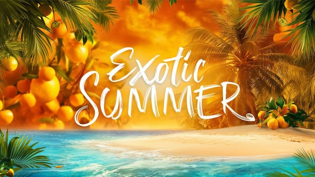 Photo un coucher de soleil avec des palmiers et le mot exotique sur la plage