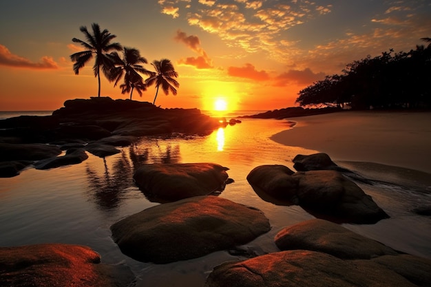 Un coucher de soleil avec des palmiers et une plage au premier plan