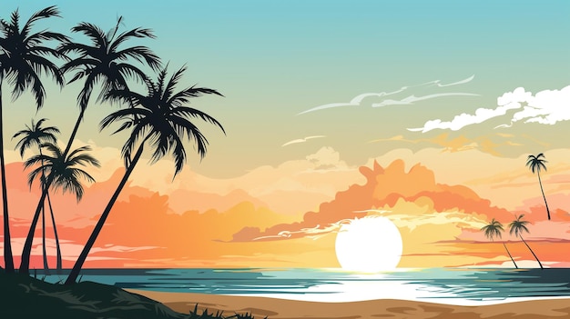 un coucher de soleil avec des palmiers et une scène de plage