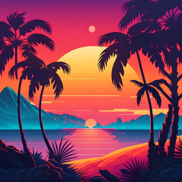 Un coucher de soleil avec des palmiers et le soleil à l'horizon