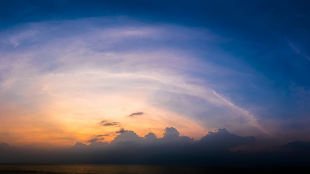 Coucher de soleil panoramique avec nuage moelleux au crépuscule