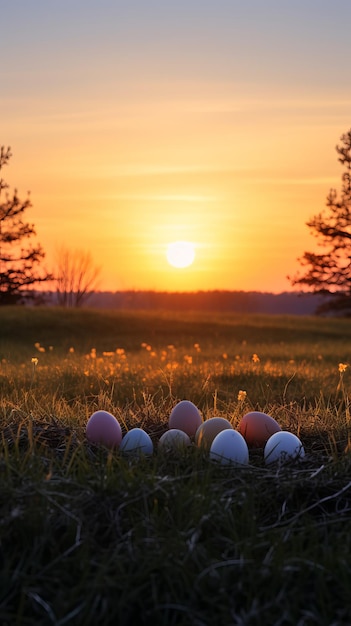 Le coucher de soleil de Pâques une symphonie pastorale avec des œufs colorés