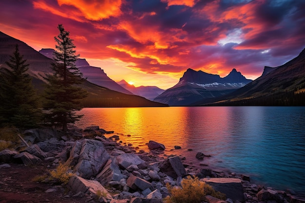 Le coucher de soleil sur le parc national des glaciers Montana États-Unis d'Amérique