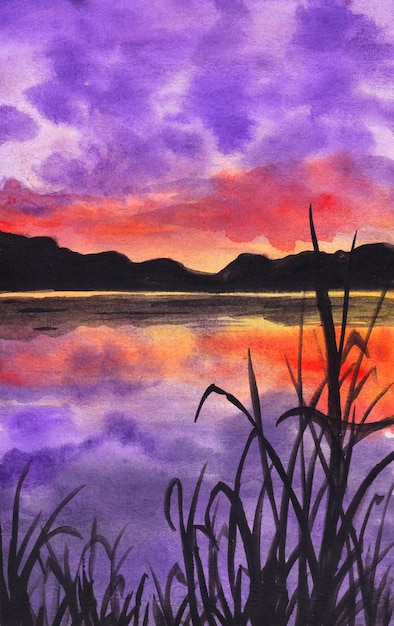 Photo coucher de soleil paysage aquarelle fond