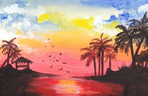 coucher de soleil paysage gouache peinture fond
