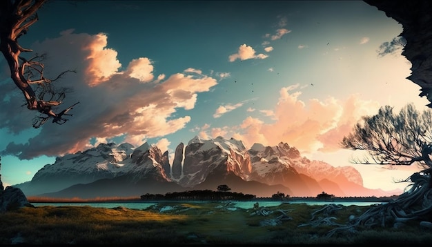 Un coucher de soleil sur un paysage de montagne avec une montagne au premier plan et un coucher de soleil en arrière-plan.