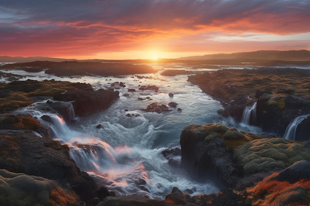 Coucher de soleil sur un paysage rocheux avec une cascade et un coucher de soleil.