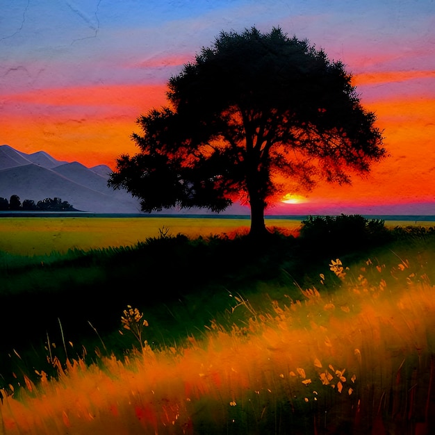 Coucher Soleil Peinture Moody Impasto Soleil Paysage Sur Fond Coloré