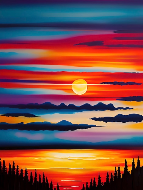 Coucher Soleil Peinture Moody Impasto Soleil Paysage Sur Fond Coloré